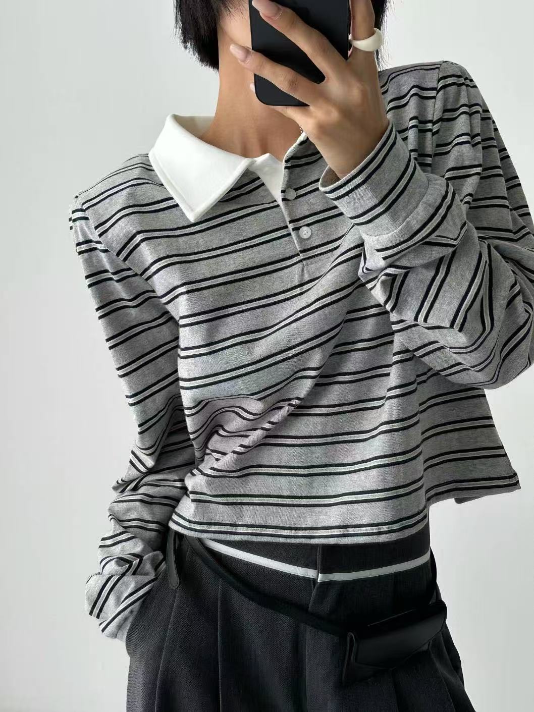 撞色翻領條紋休閒短款長袖T卹