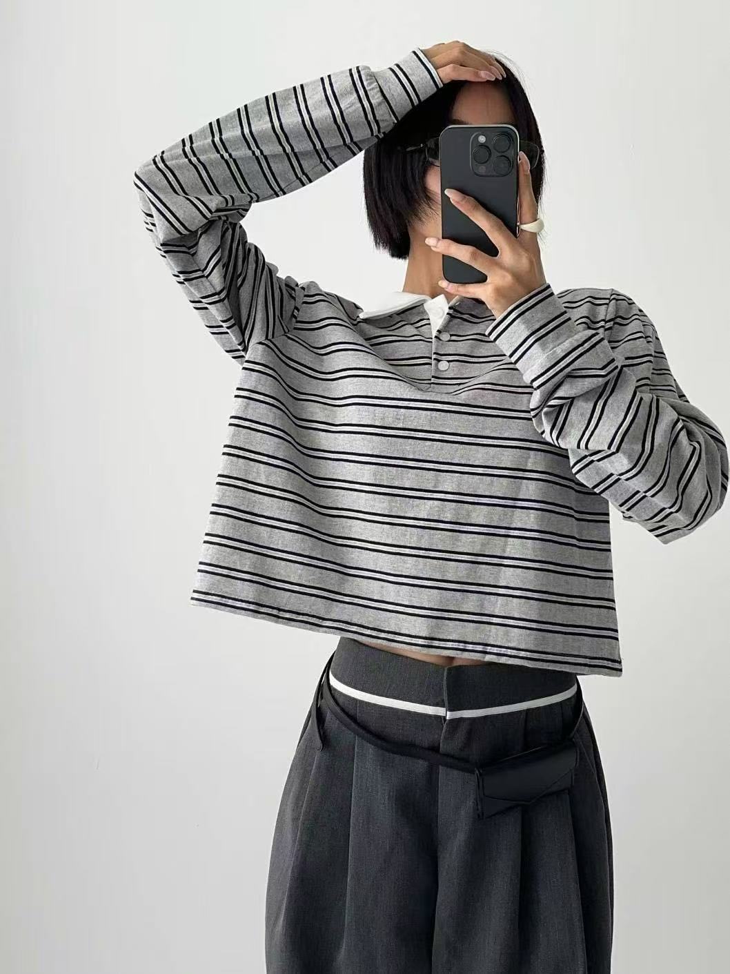 撞色翻領條紋休閒短款長袖T卹