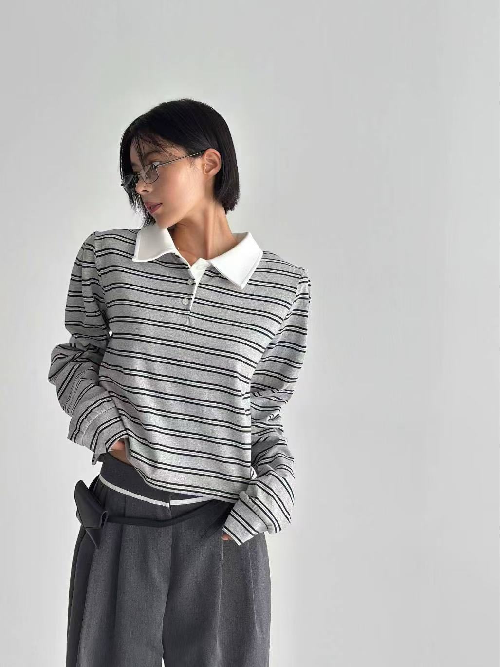 撞色翻領條紋休閒短款長袖T卹