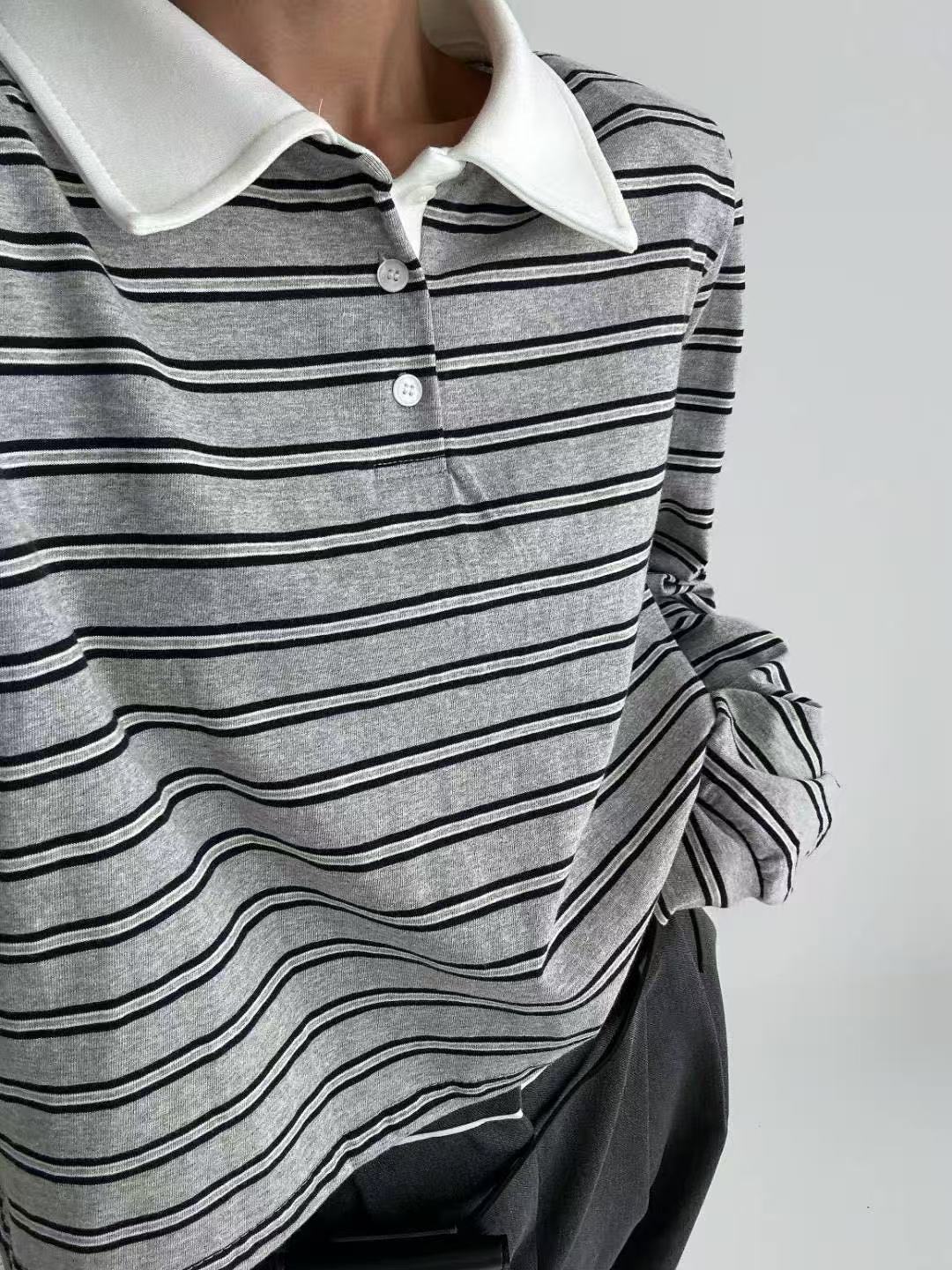 撞色翻領條紋休閒短款長袖T卹