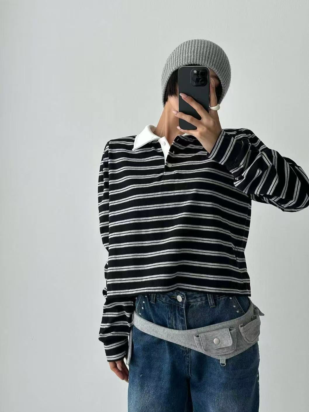 撞色翻領條紋休閒短款長袖T卹