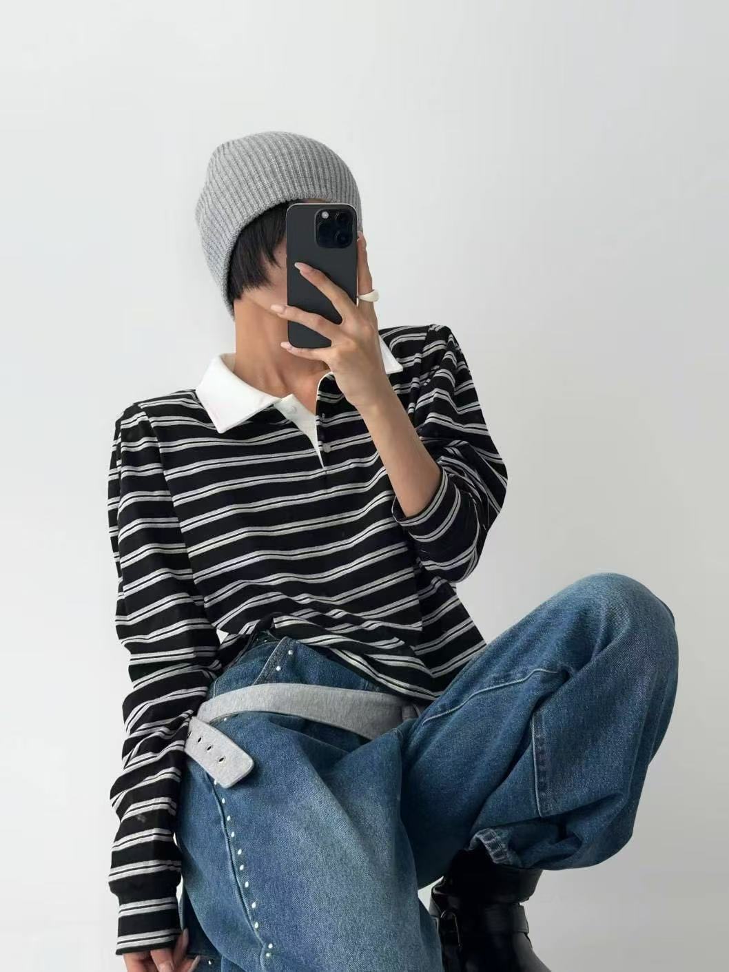 撞色翻領條紋休閒短款長袖T卹