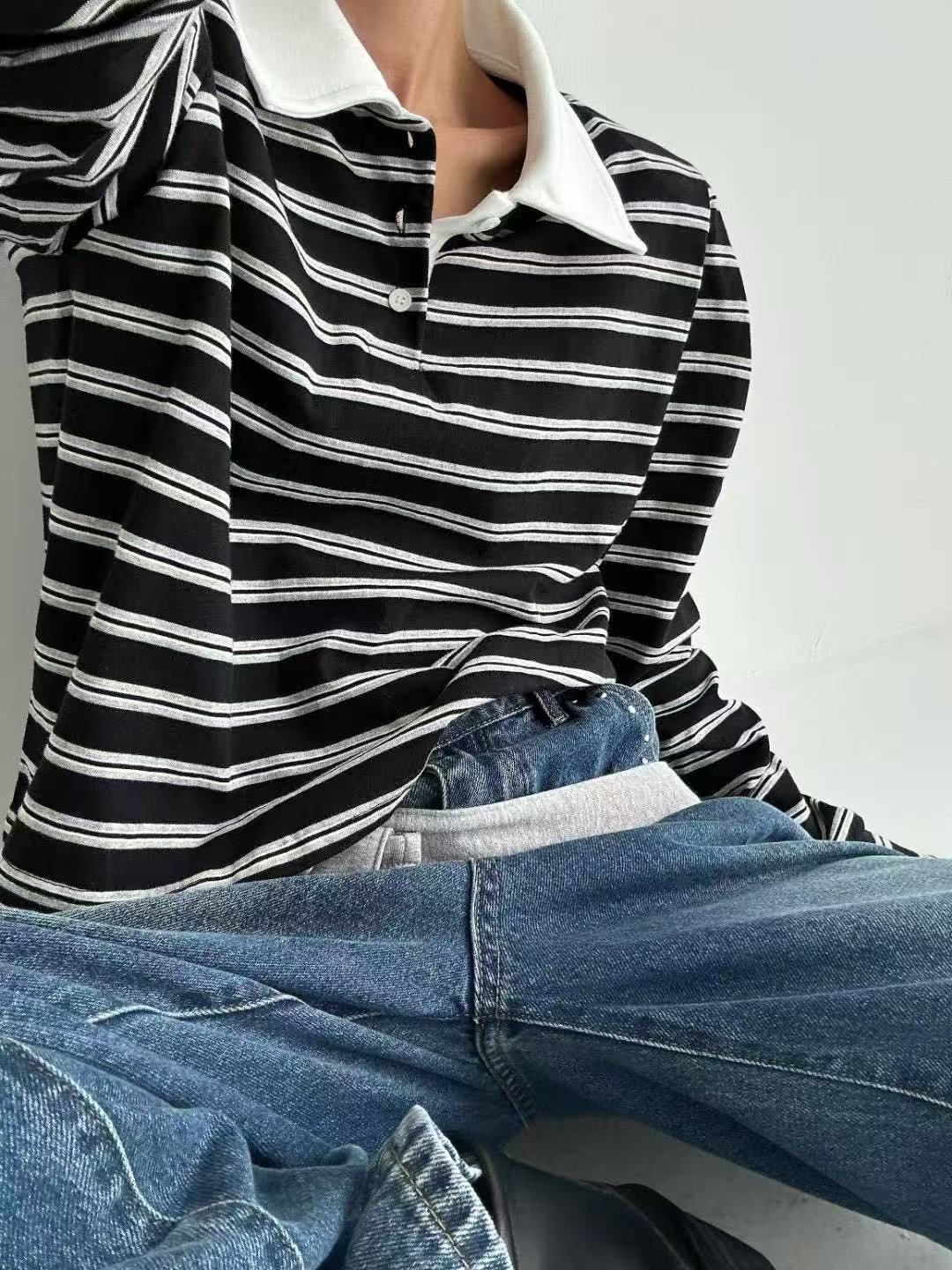 撞色翻領條紋休閒短款長袖T卹