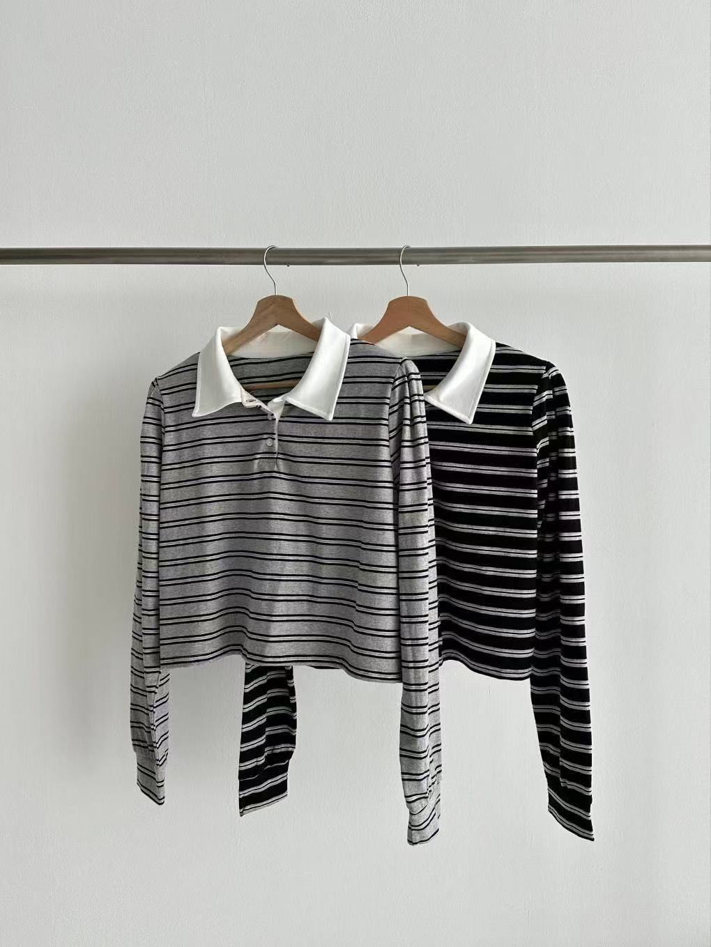 撞色翻領條紋休閒短款長袖T卹