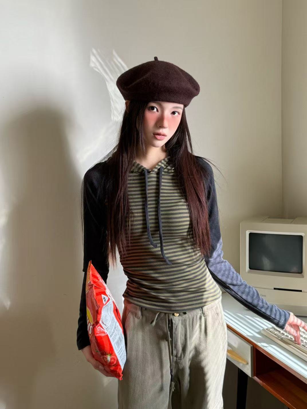 條紋連帽百搭休閒長袖T卹