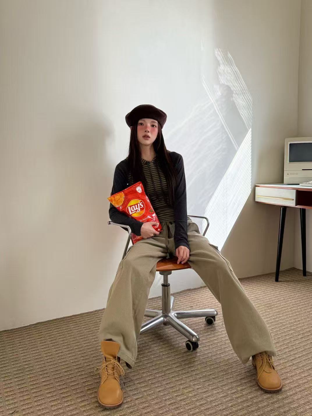 條紋連帽百搭休閒長袖T卹