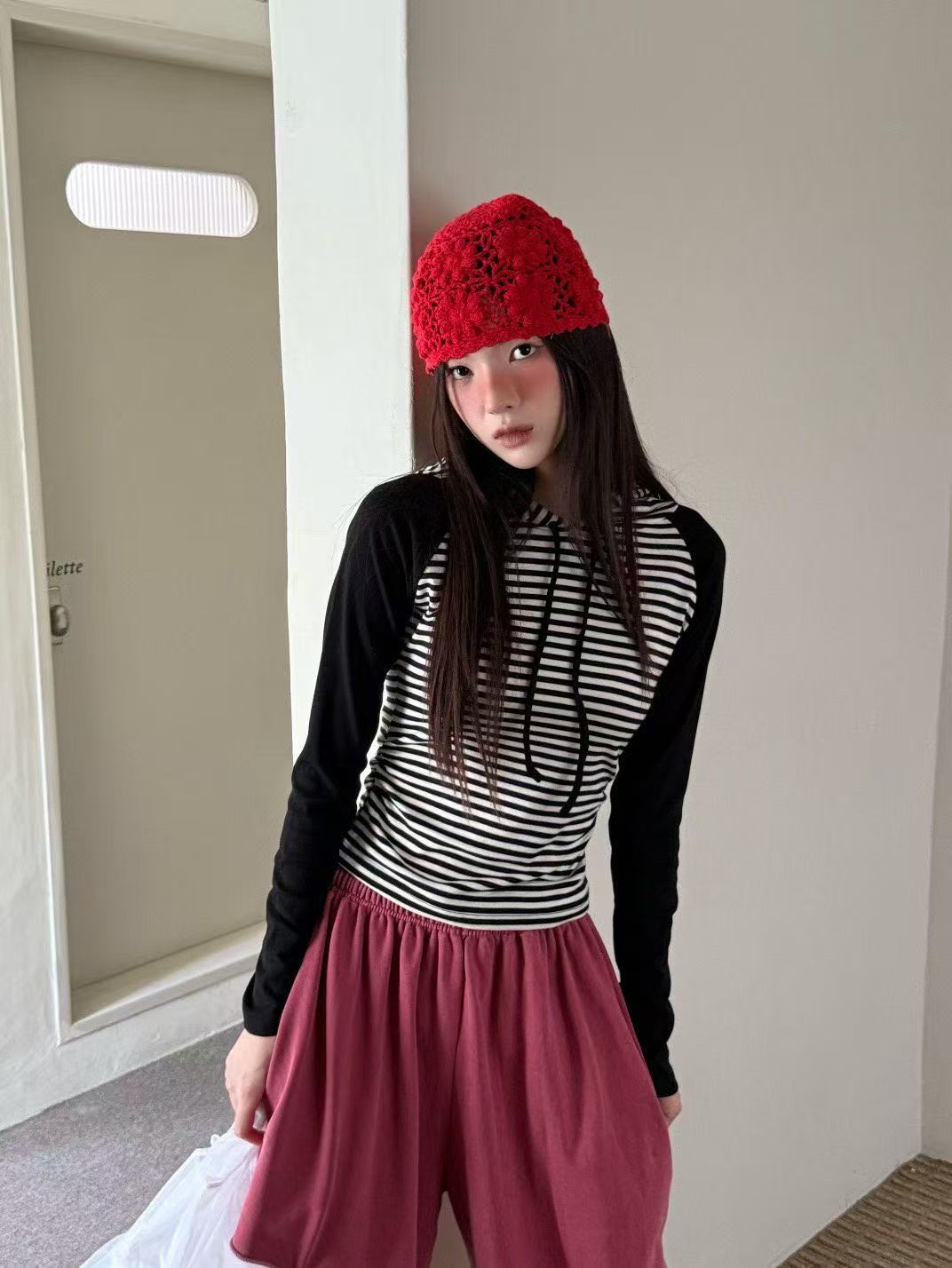 條紋連帽百搭休閒長袖T卹