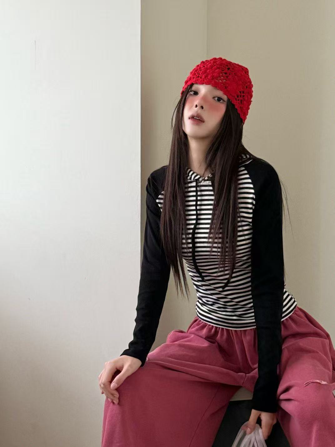 條紋連帽百搭休閒長袖T卹