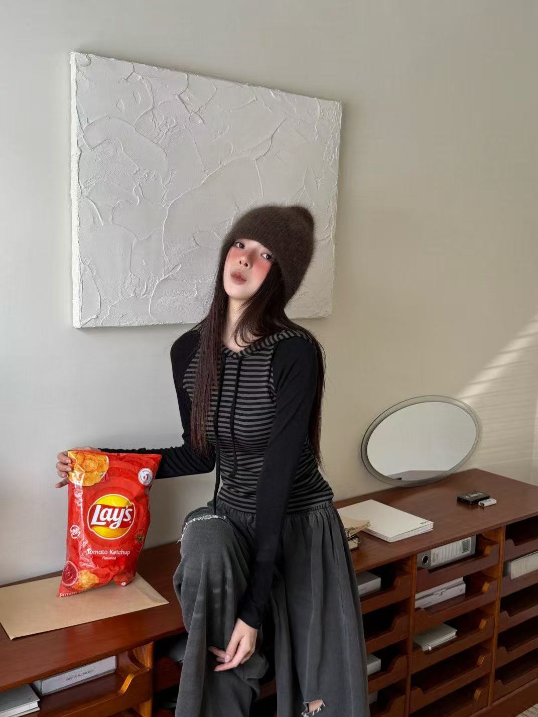 條紋連帽百搭休閒長袖T卹