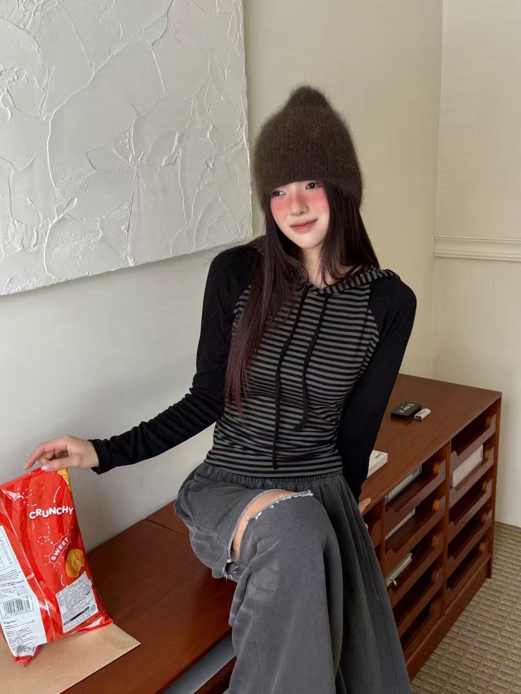 條紋連帽百搭休閒長袖T卹