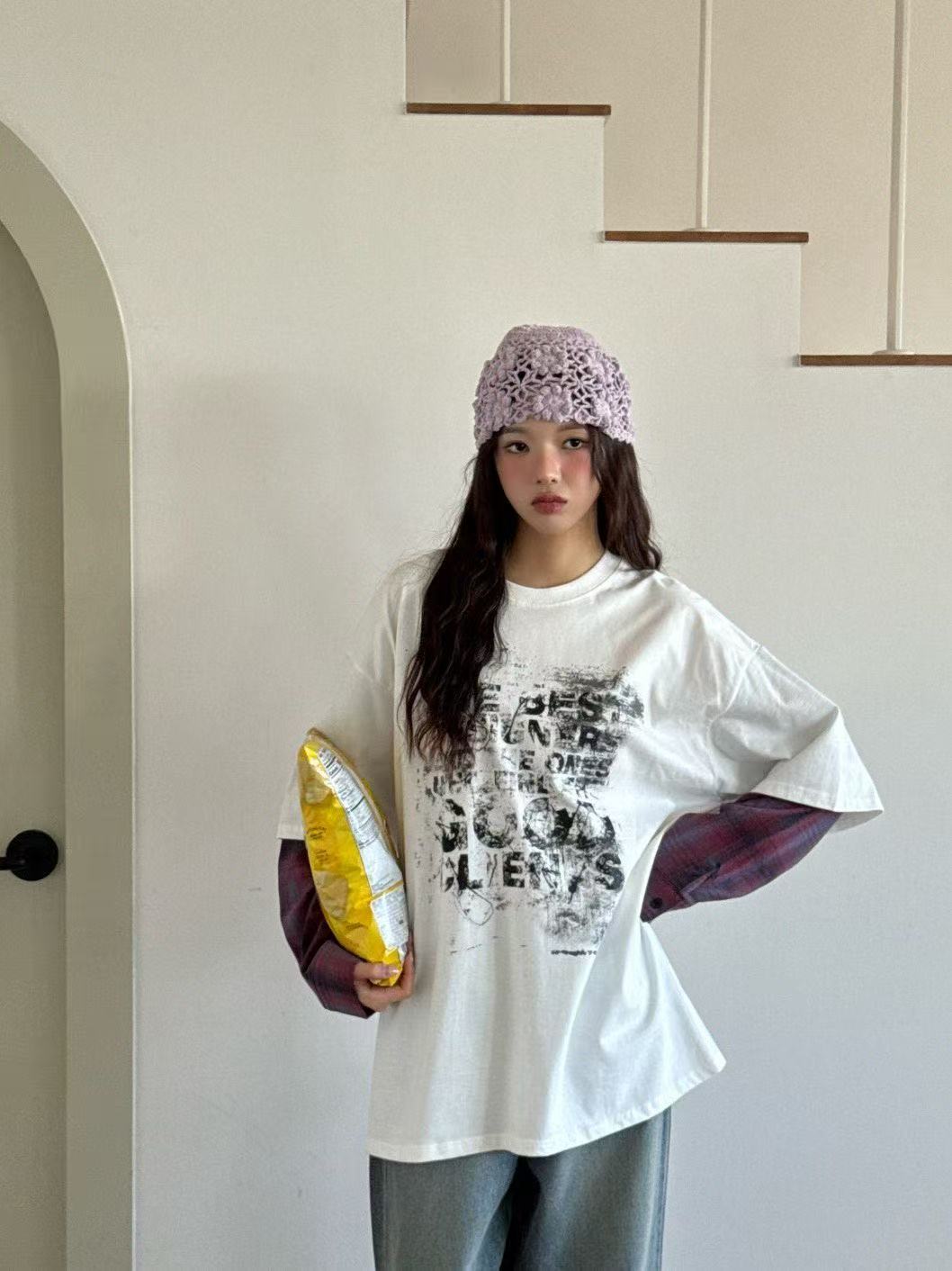 假兩件圓領字母格紋袖開襟衫T卹上衣