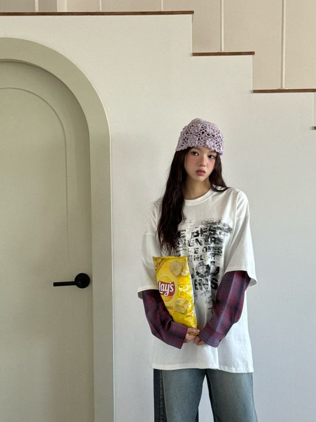 假兩件圓領字母格紋袖開襟衫T卹上衣