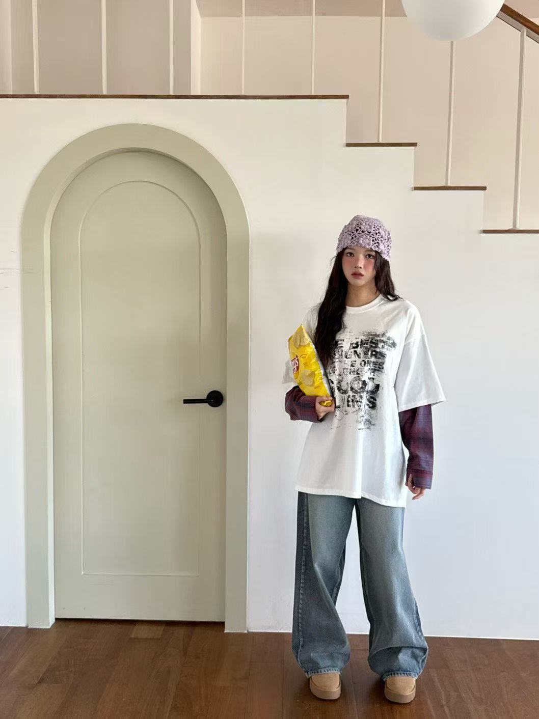 假兩件圓領字母格紋袖開襟衫T卹上衣