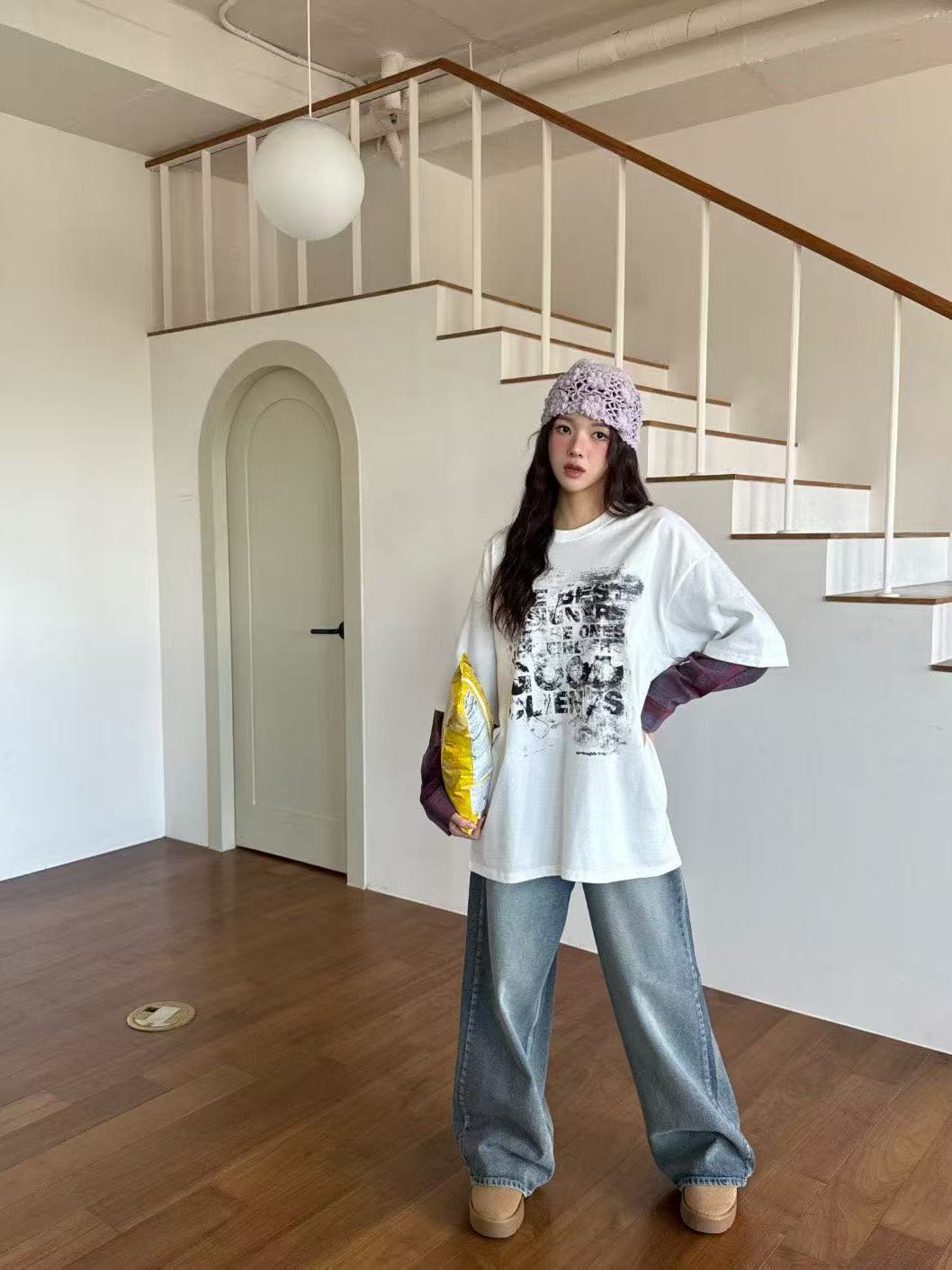 假兩件圓領字母格紋袖開襟衫T卹上衣