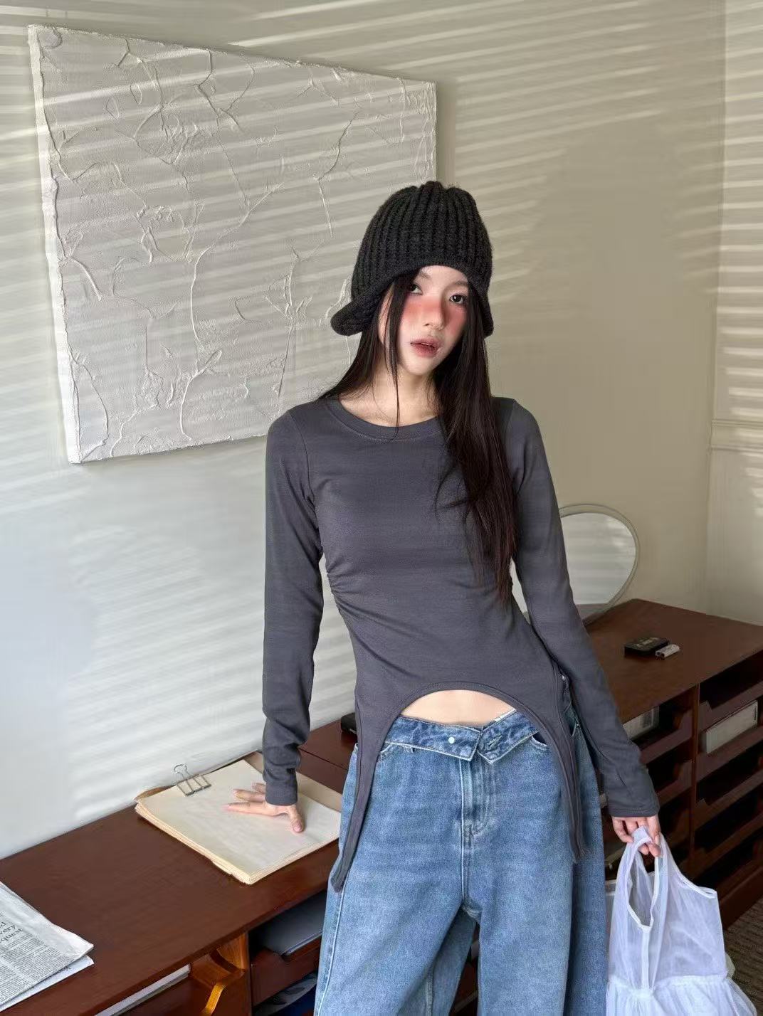 下擺掛帶純色圓領百搭顯瘦長袖T卹