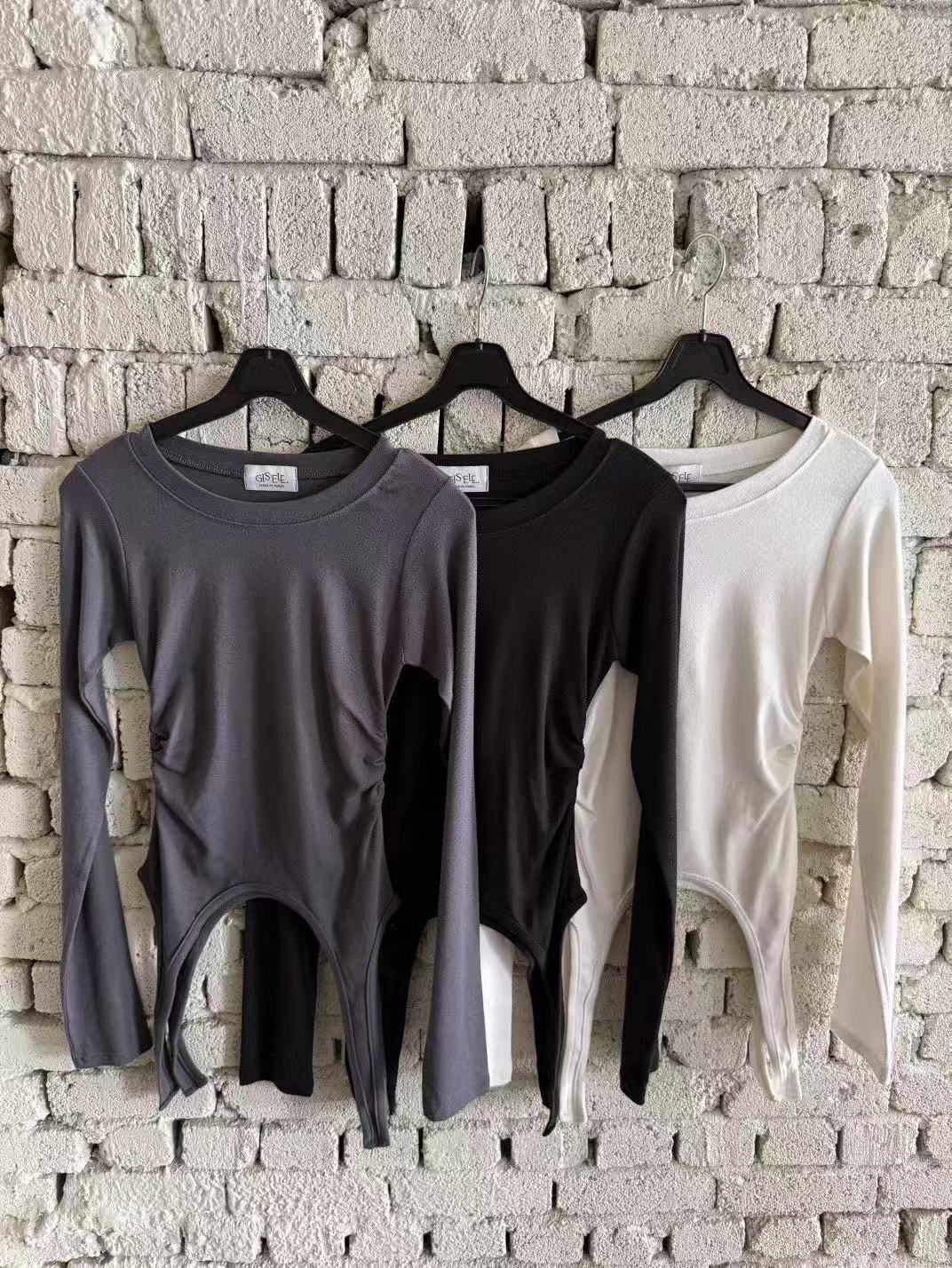 下擺掛帶純色圓領百搭顯瘦長袖T卹