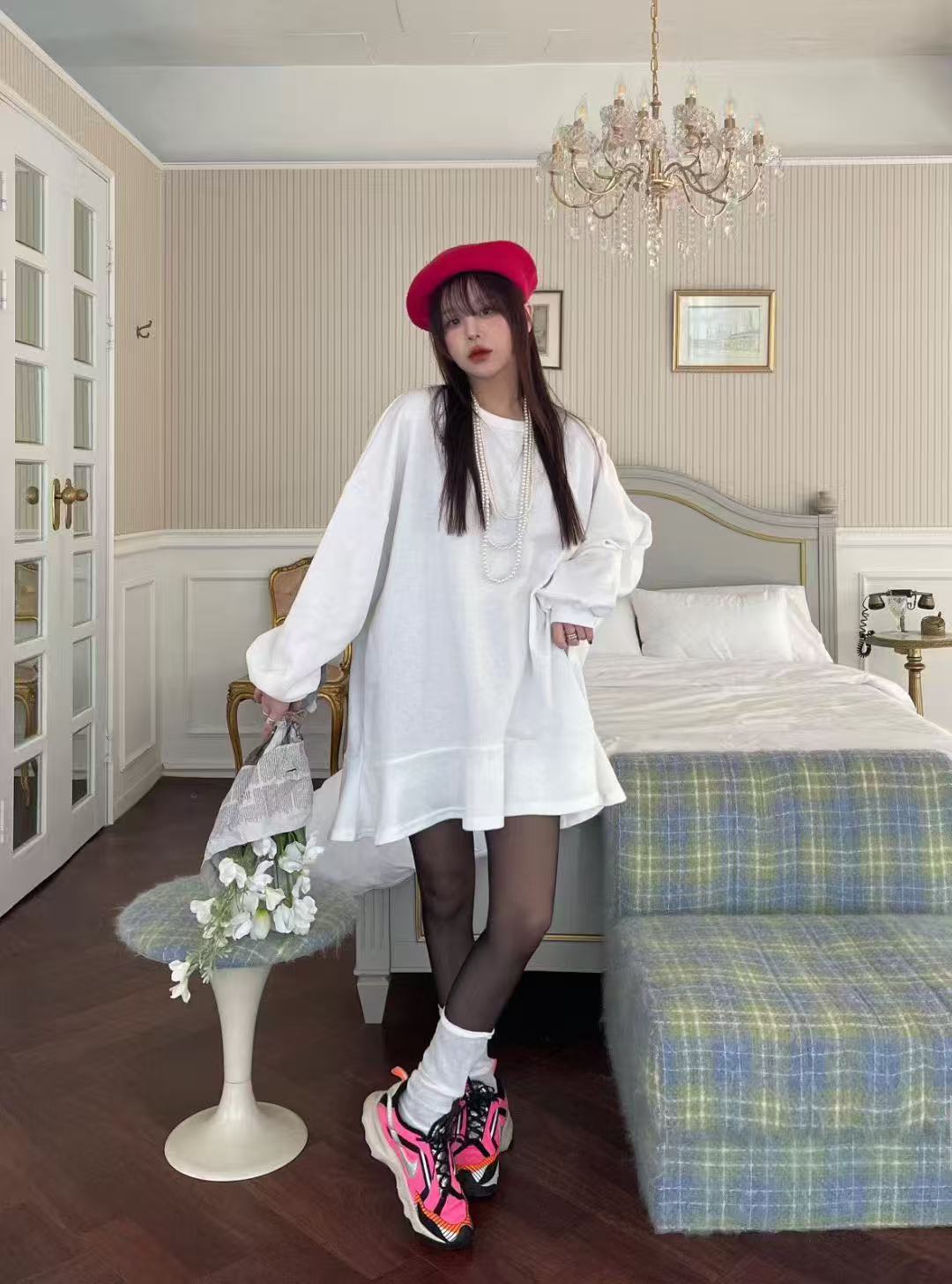 下擺魚尾巴拼接荷葉邊T恤裙