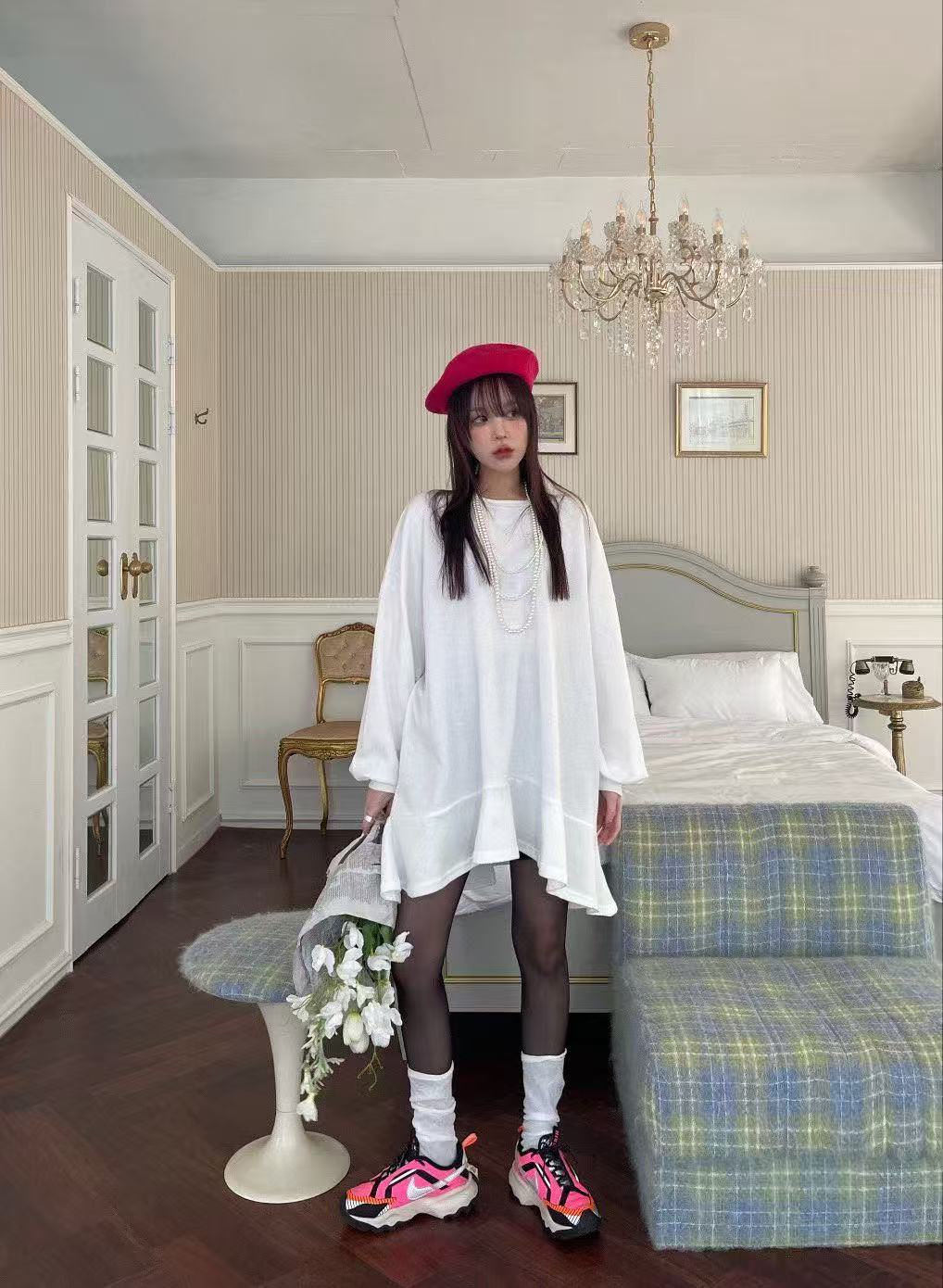 下擺魚尾巴拼接荷葉邊T恤裙