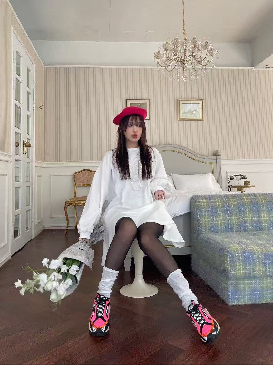 下擺魚尾巴拼接荷葉邊T恤裙