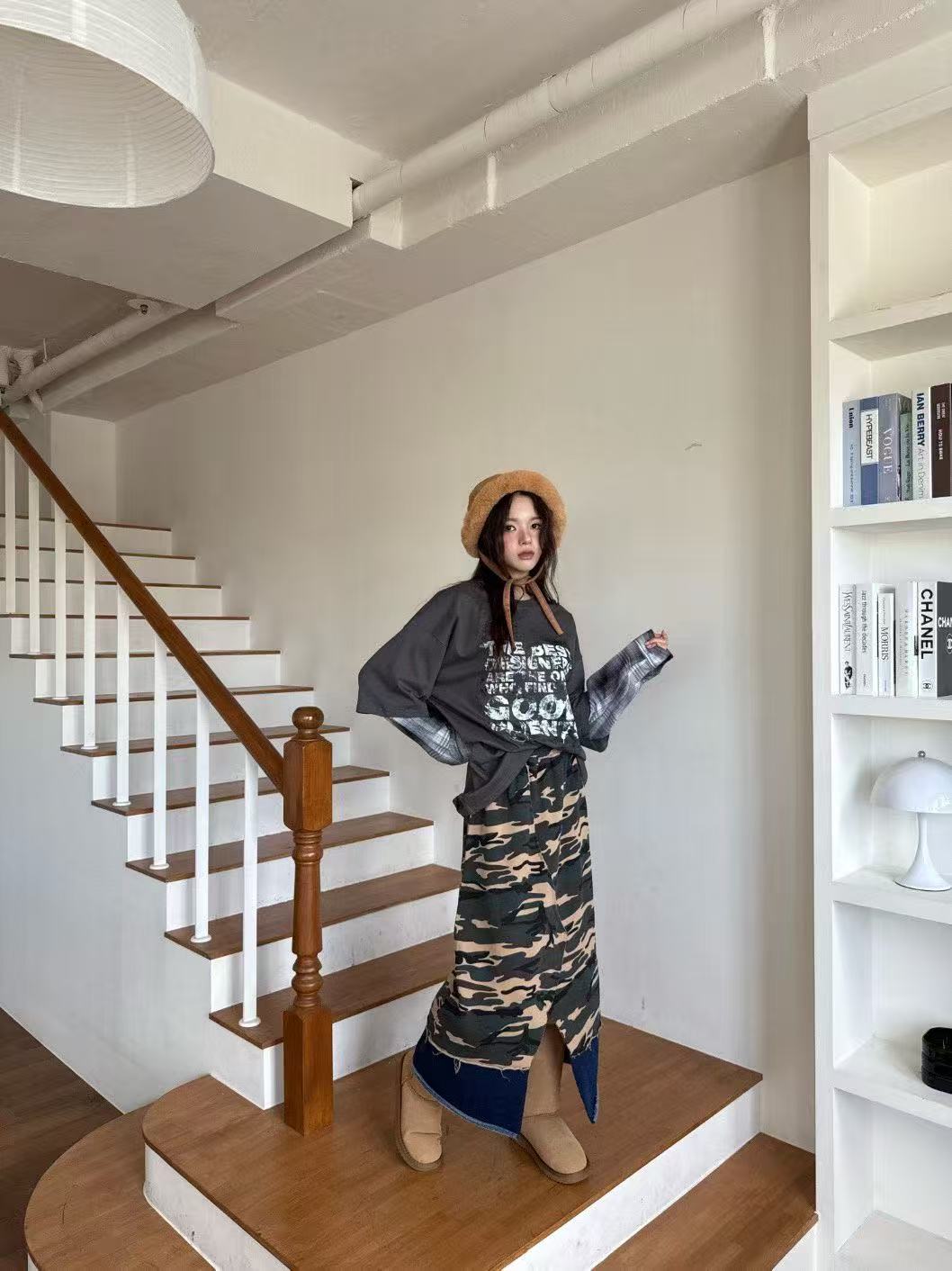 豹紋鬆緊腰開叉百搭過膝半身裙