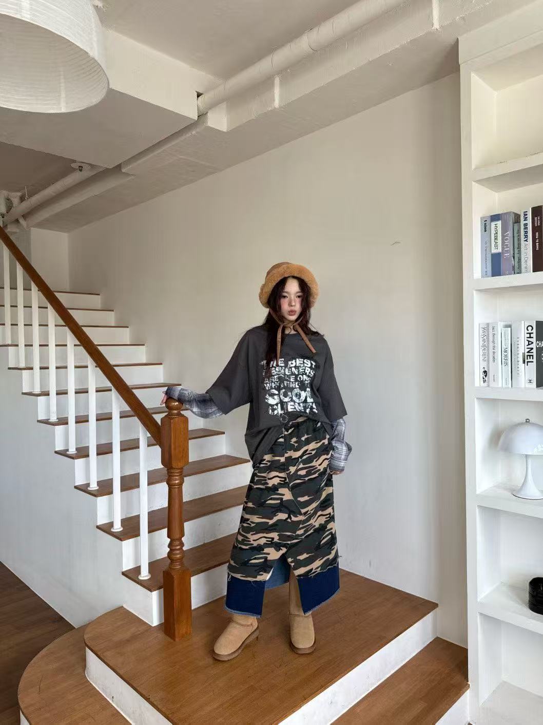 豹紋鬆緊腰開叉百搭過膝半身裙