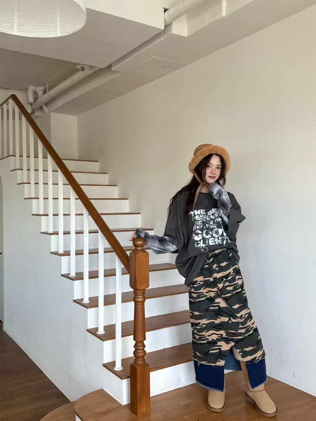 豹紋鬆緊腰開叉百搭過膝半身裙