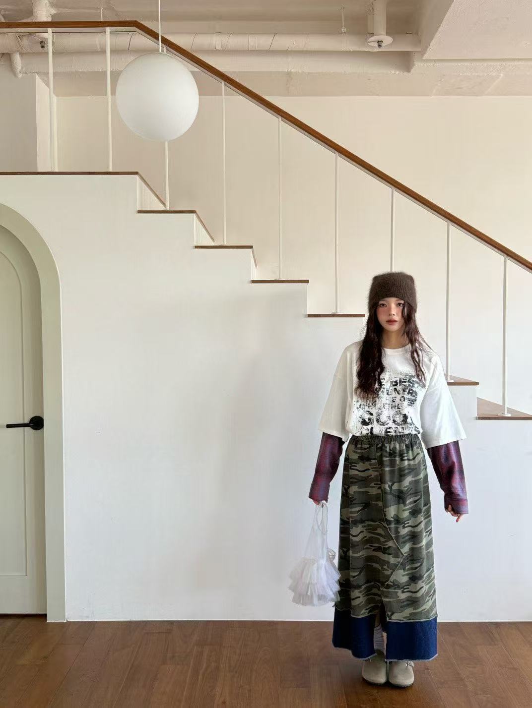 豹紋鬆緊腰開叉百搭過膝半身裙