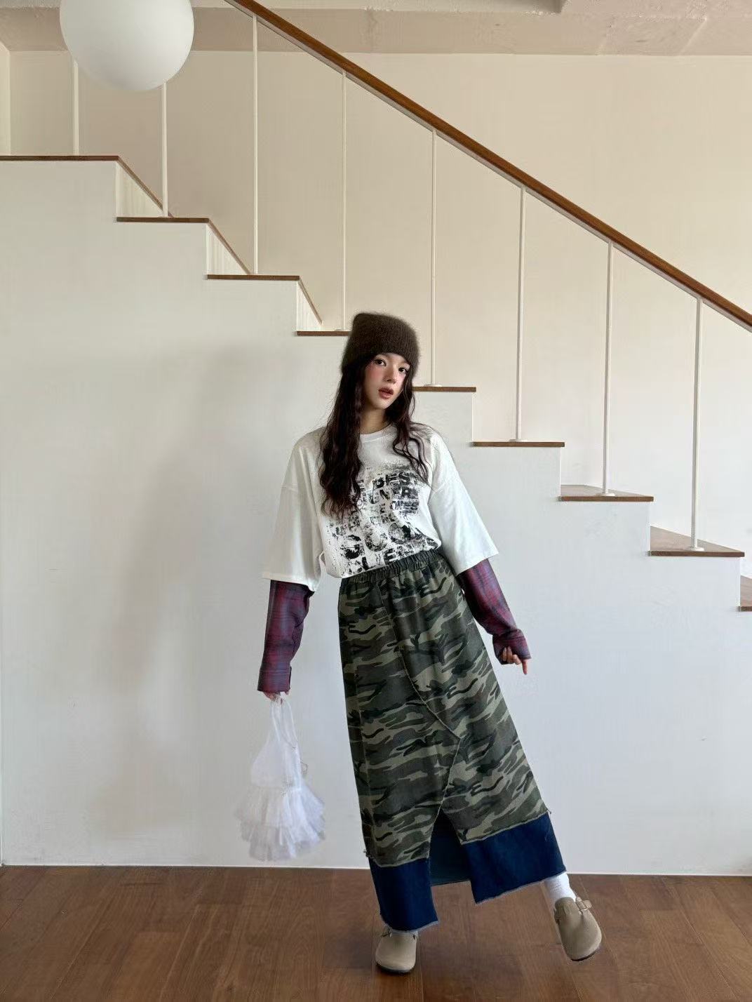 豹紋鬆緊腰開叉百搭過膝半身裙