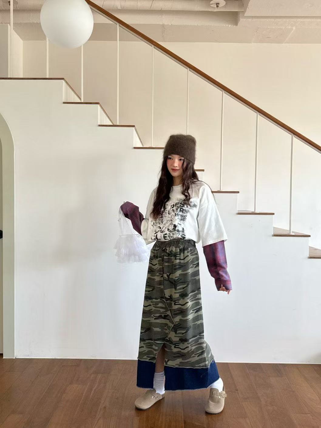 豹紋鬆緊腰開叉百搭過膝半身裙