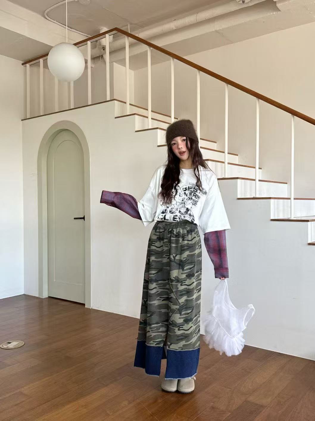 豹紋鬆緊腰開叉百搭過膝半身裙