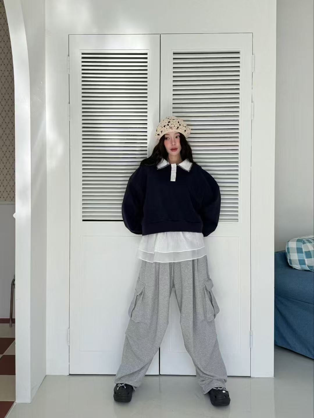 娃娃領慵懶風寬鬆上衣