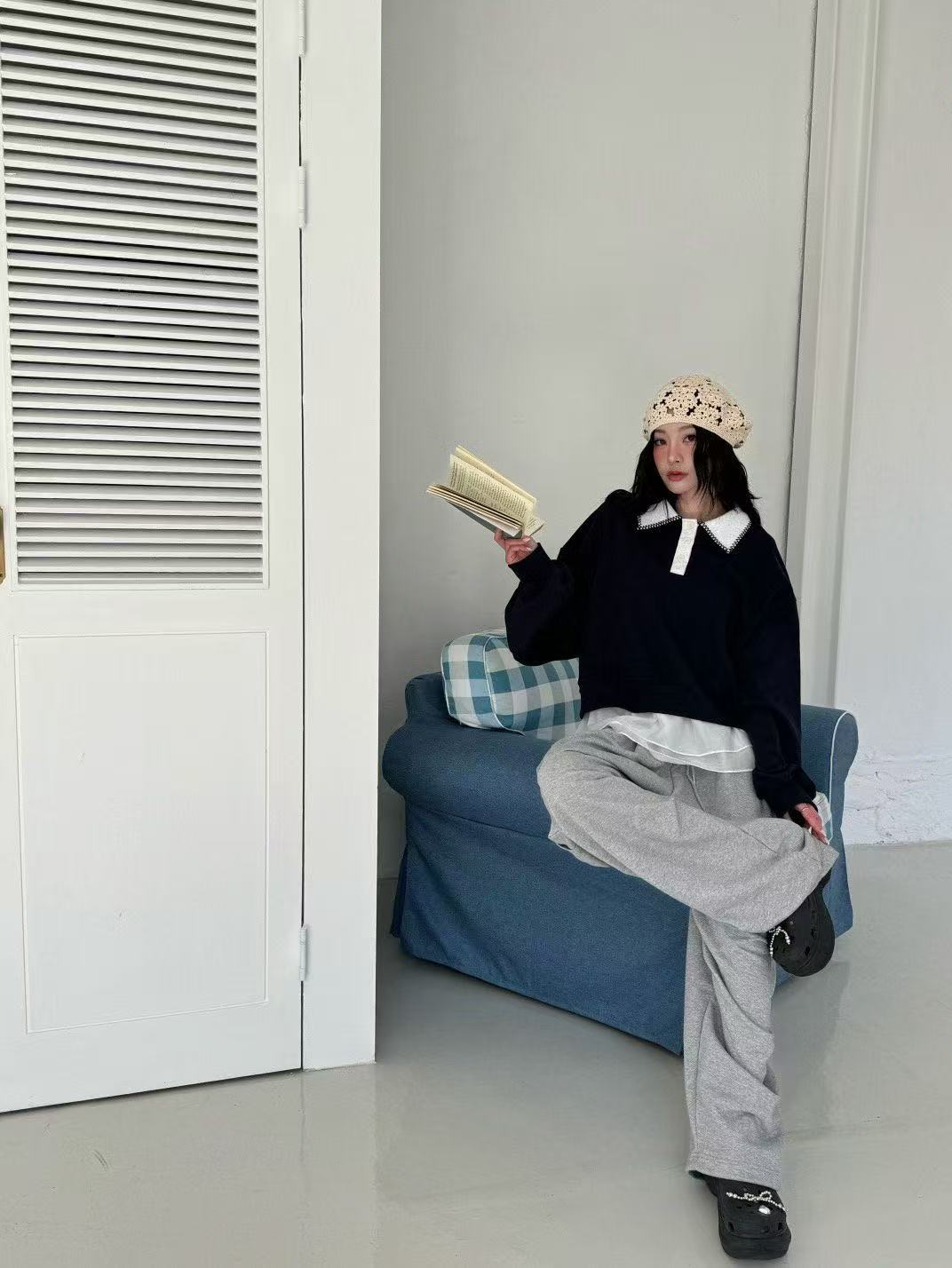 娃娃領慵懶風寬鬆上衣