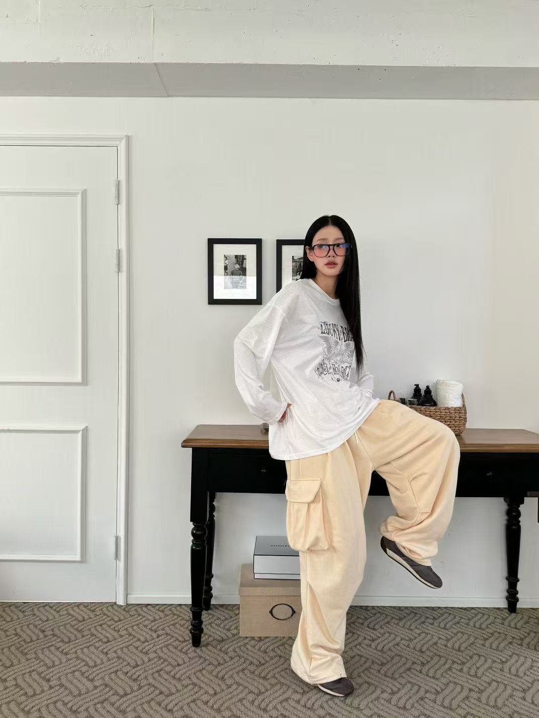 老鷹字母印花圓領中長T卹