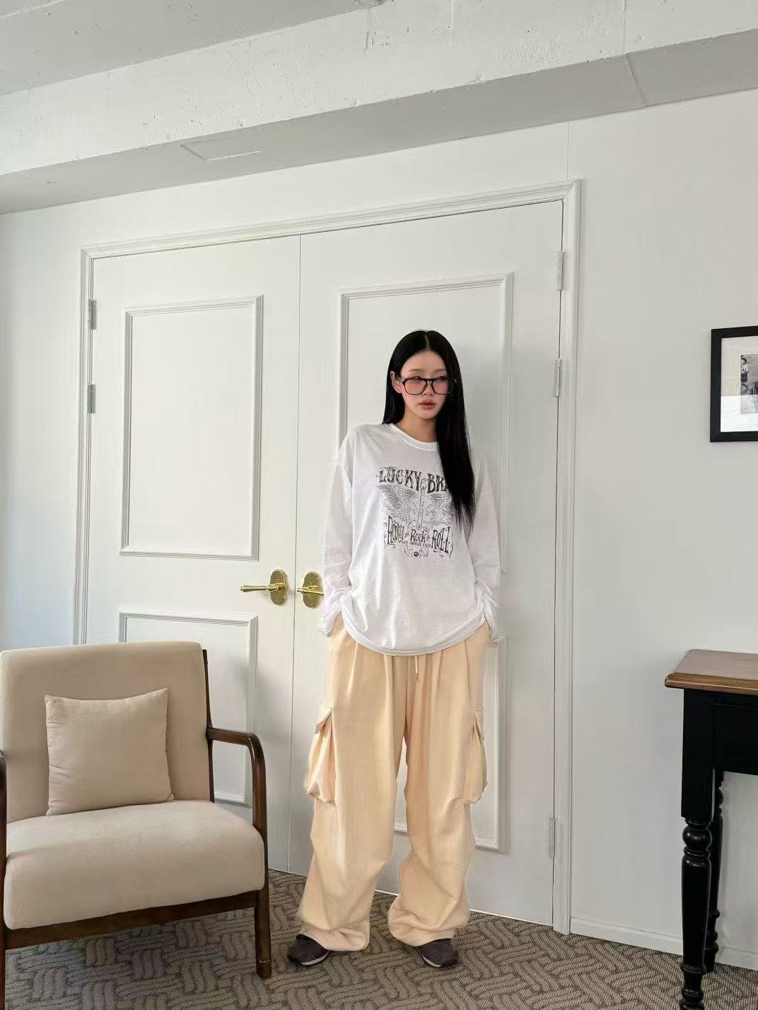 老鷹字母印花圓領中長T卹