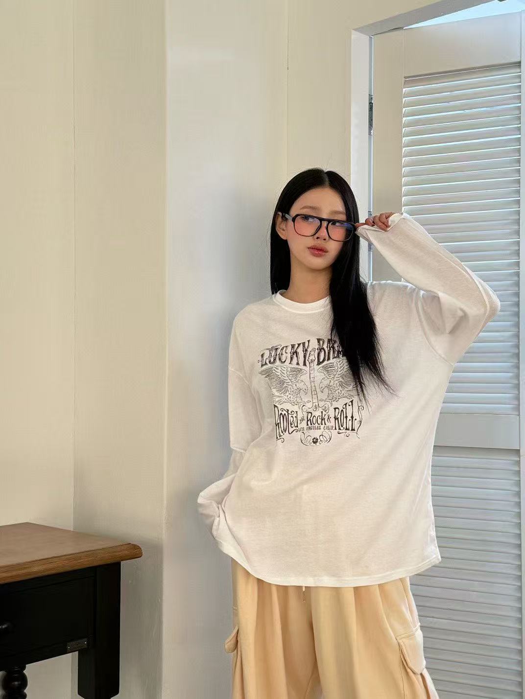 老鷹字母印花圓領中長T卹