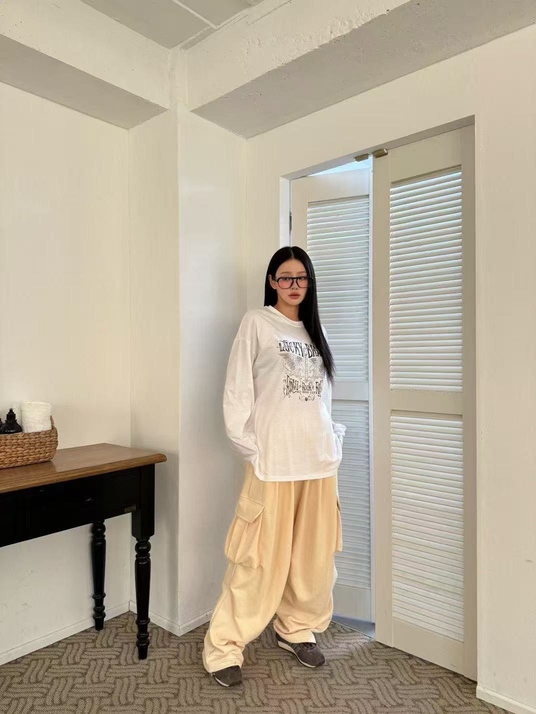 大口袋鬆緊腰可束腳工裝休閒褲