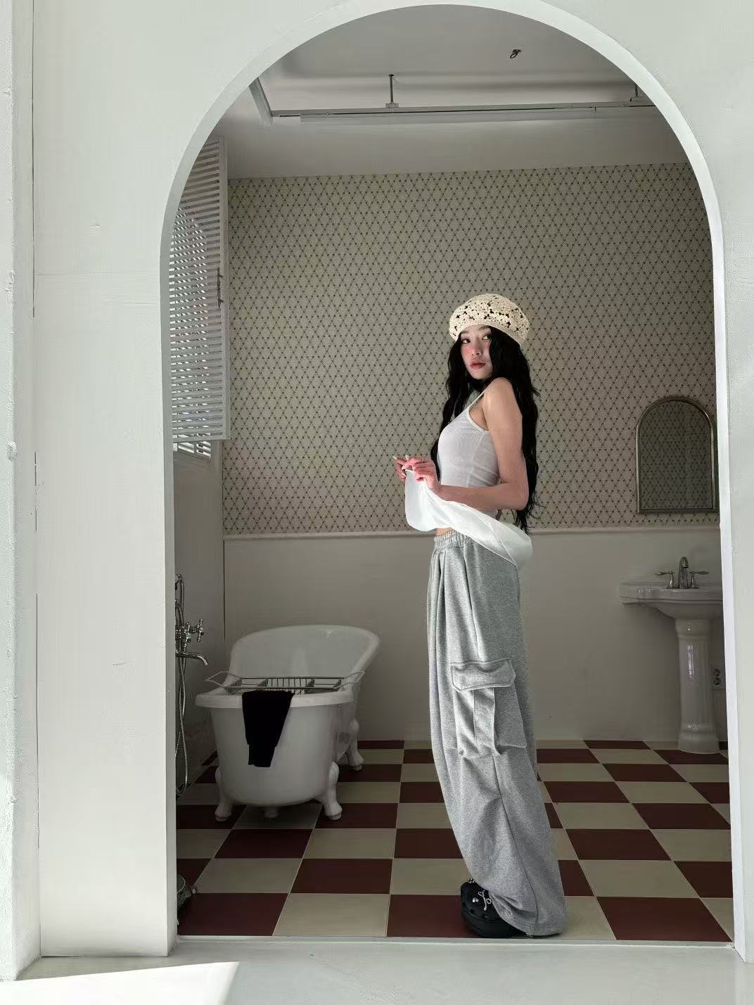 大口袋鬆緊腰可束腳工裝休閒褲