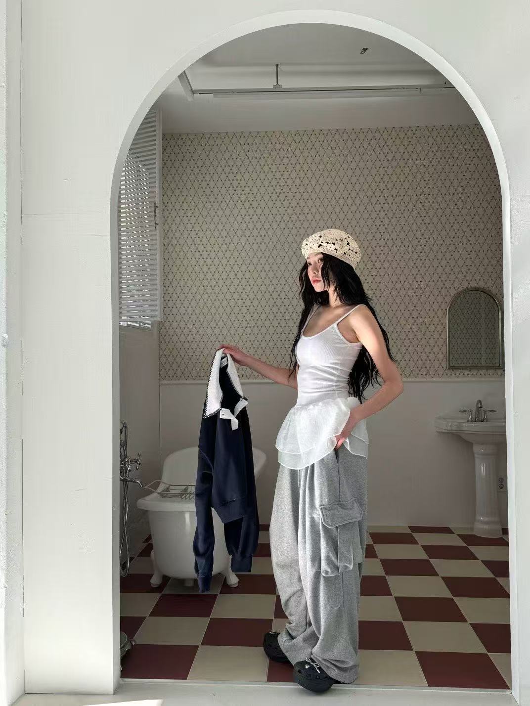 大口袋鬆緊腰可束腳工裝休閒褲