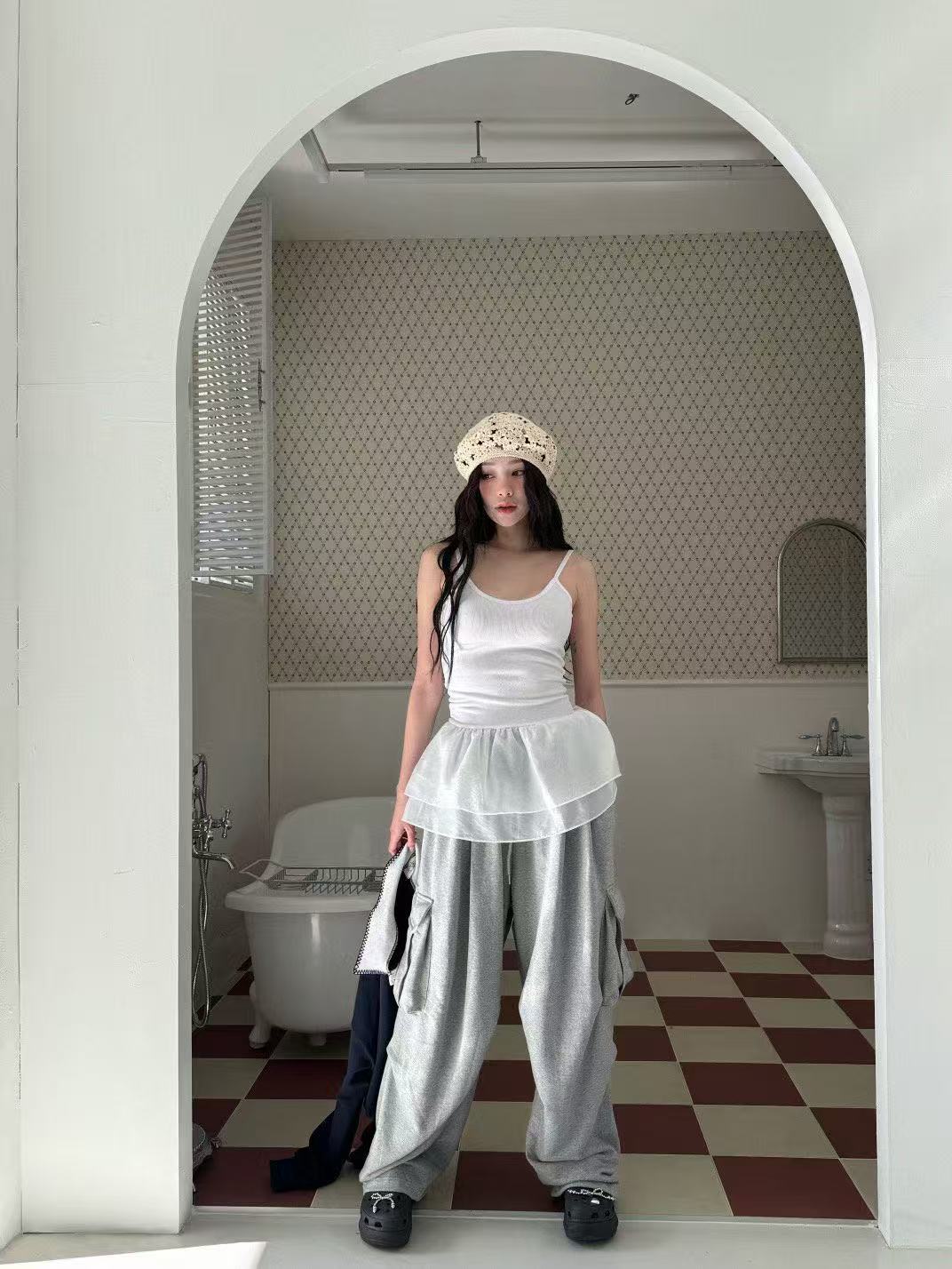 大口袋鬆緊腰可束腳工裝休閒褲