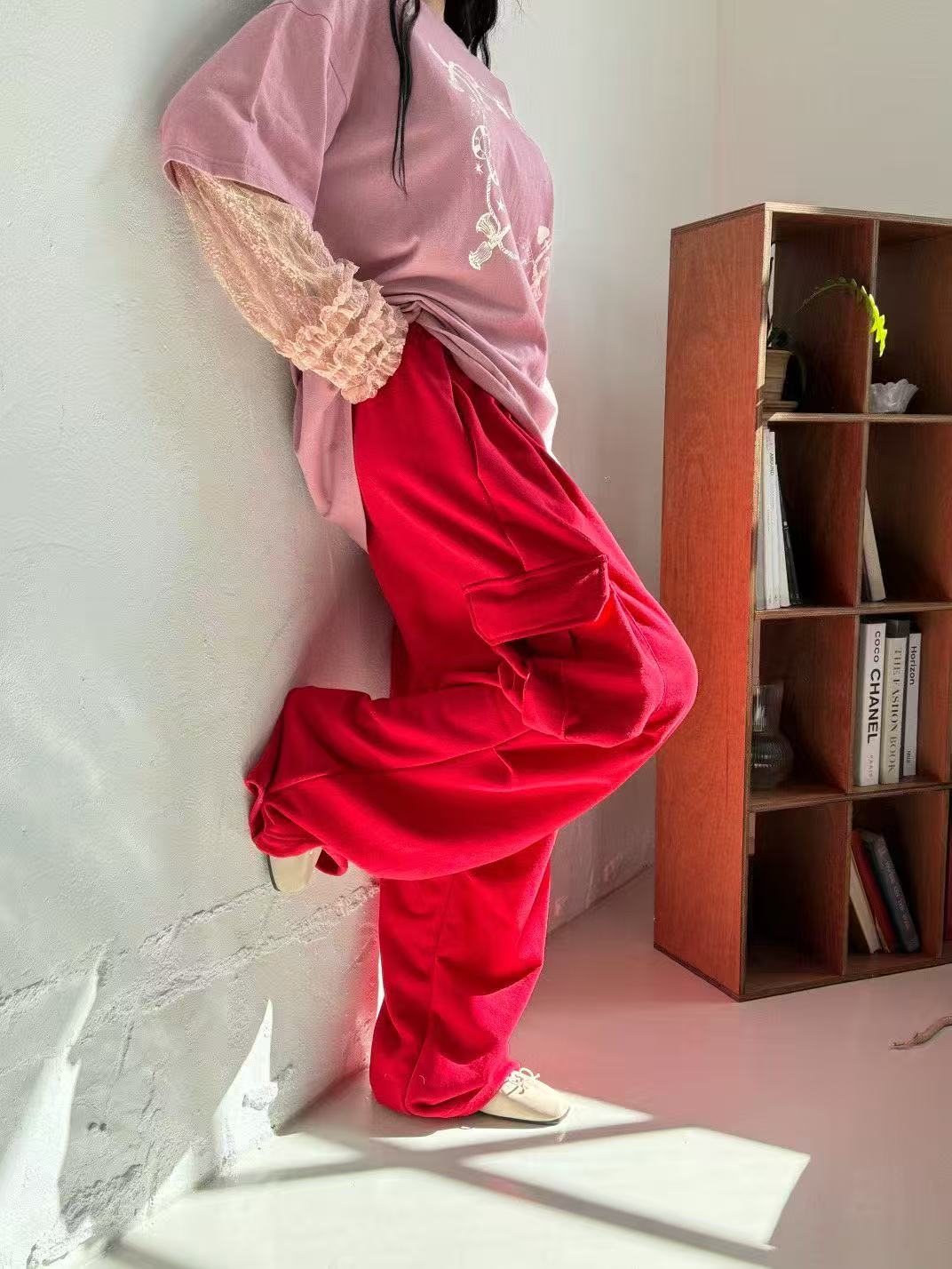 大口袋鬆緊腰可束腳工裝休閒褲