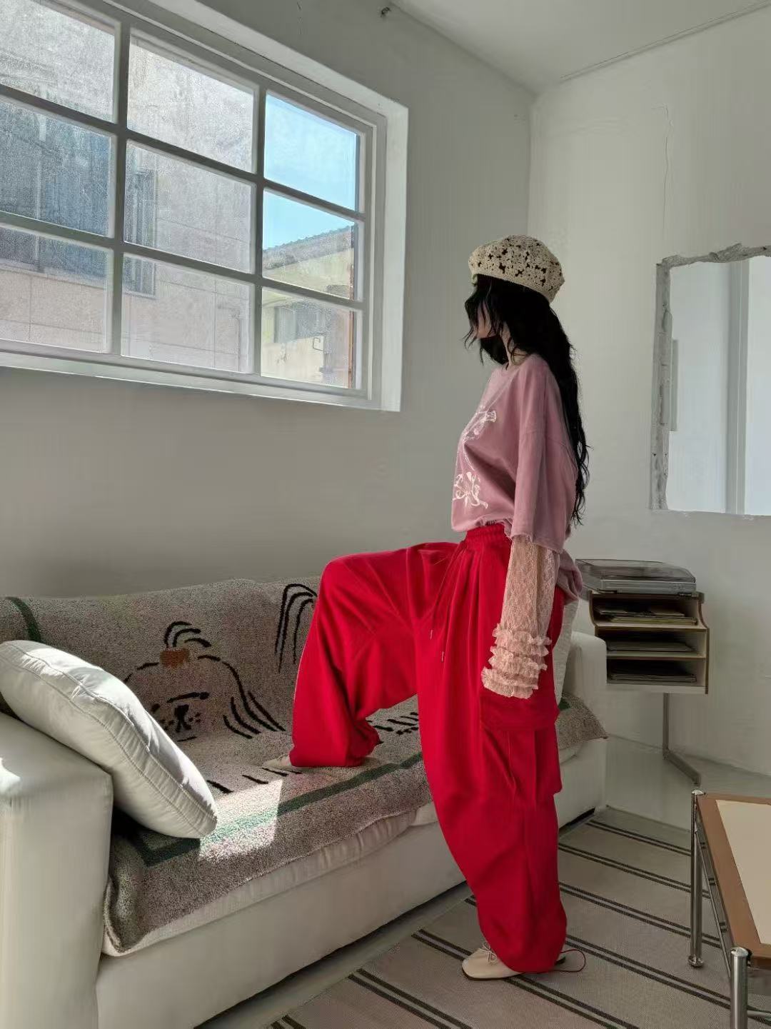 大口袋鬆緊腰可束腳工裝休閒褲