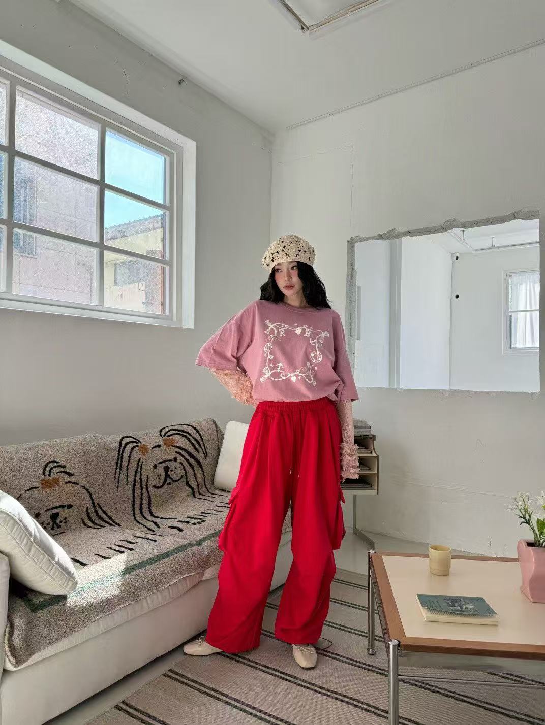 大口袋鬆緊腰可束腳工裝休閒褲