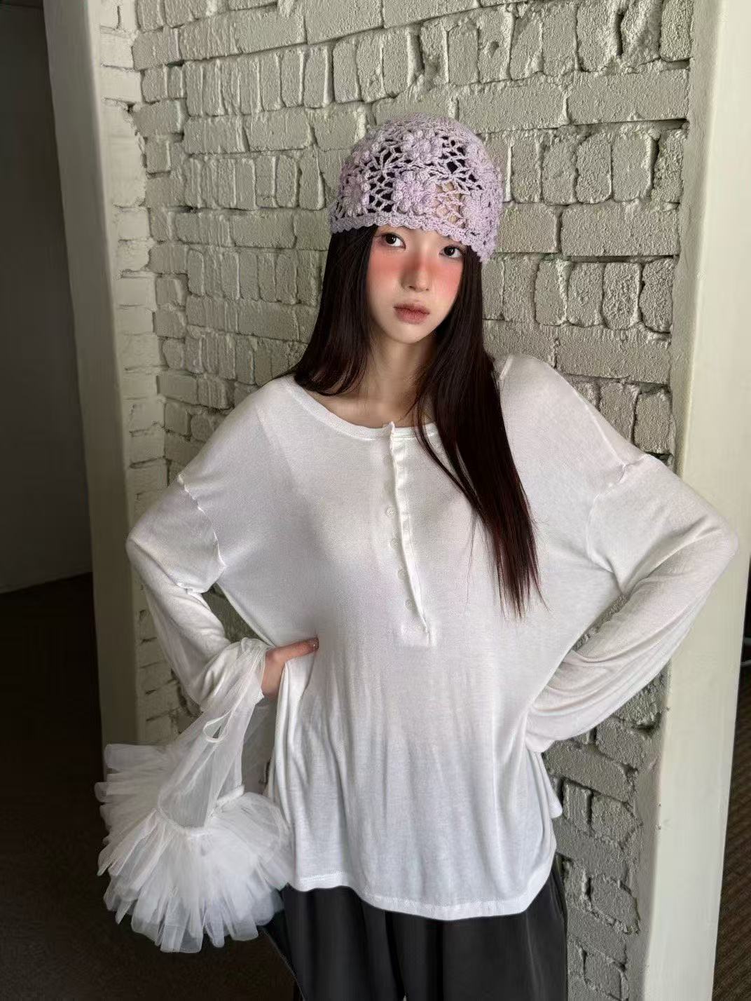 糖果色低領半扣落肩長袖T卹