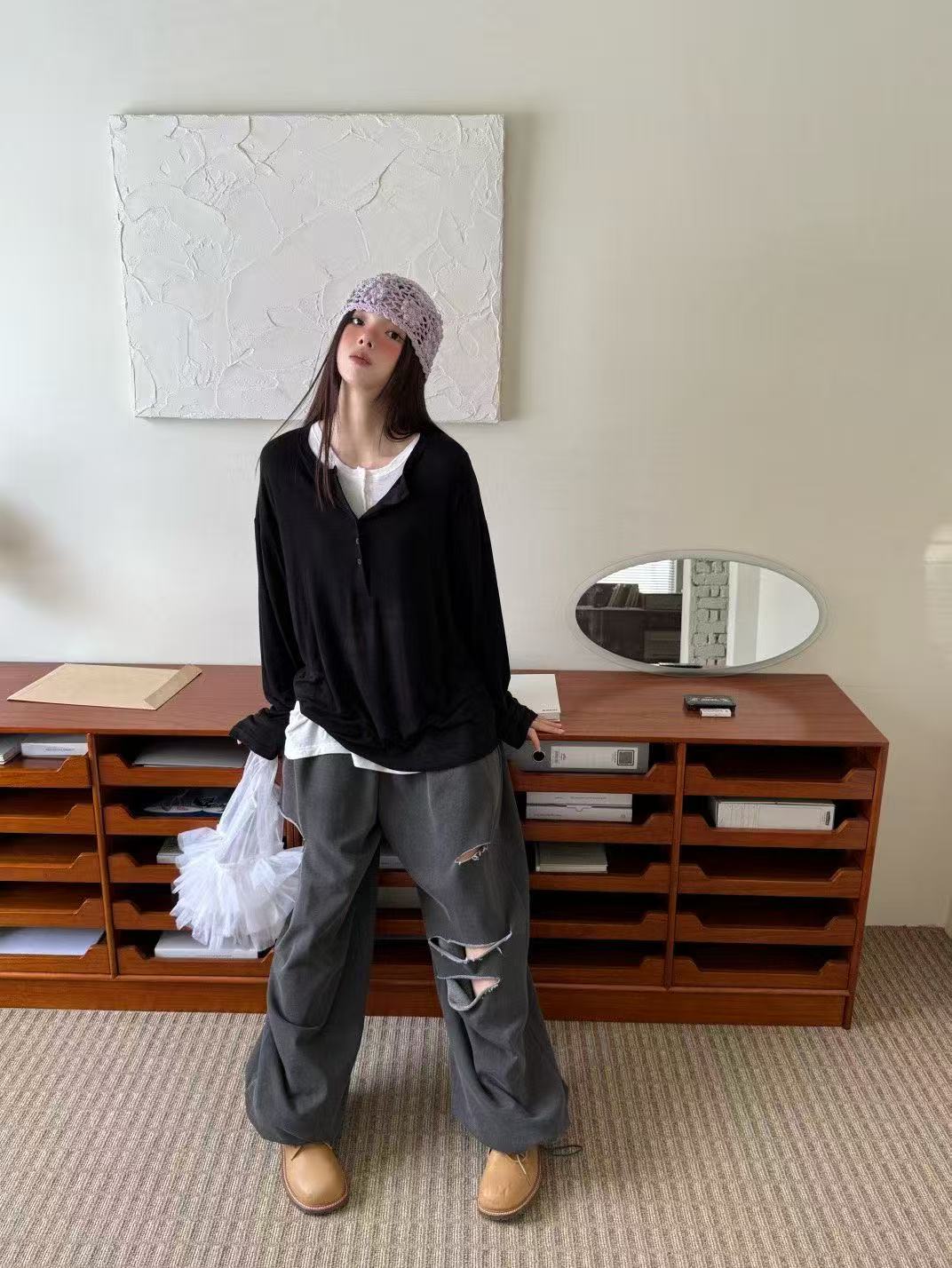 鬆緊腰破洞嘻哈休閒褲