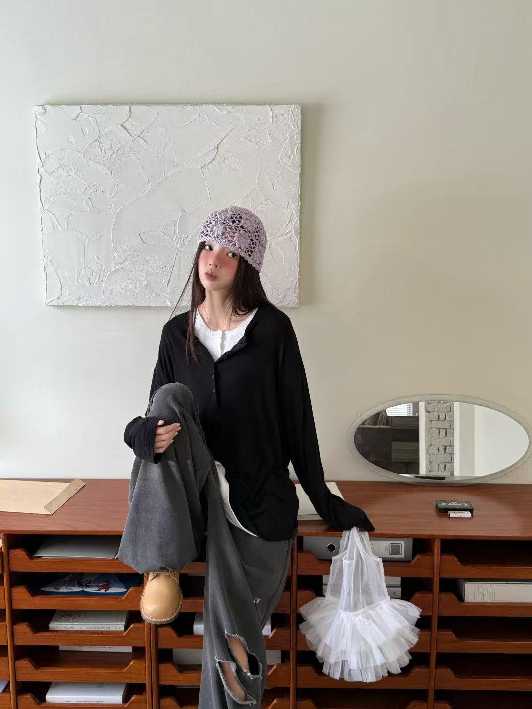 鬆緊腰破洞嘻哈休閒褲