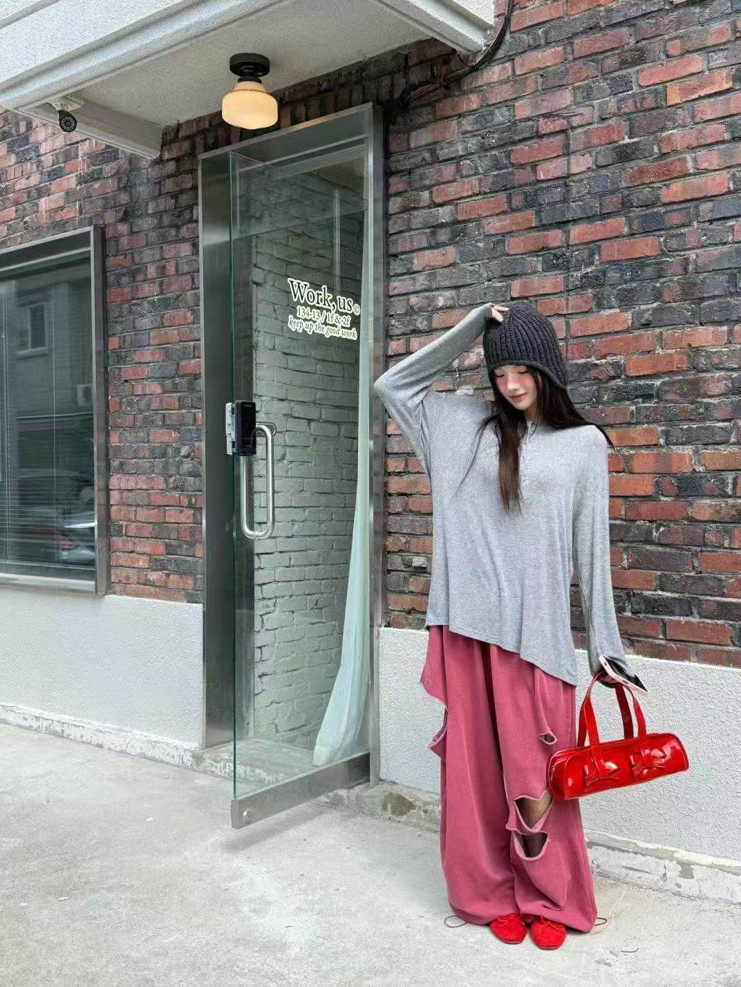 糖果色低領半扣落肩長袖T卹