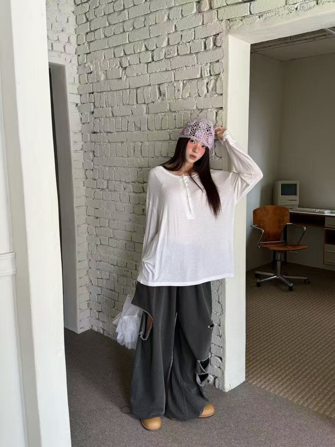 鬆緊腰破洞嘻哈休閒褲