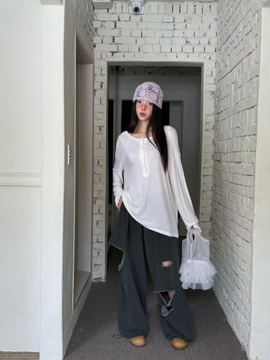 鬆緊腰破洞嘻哈休閒褲