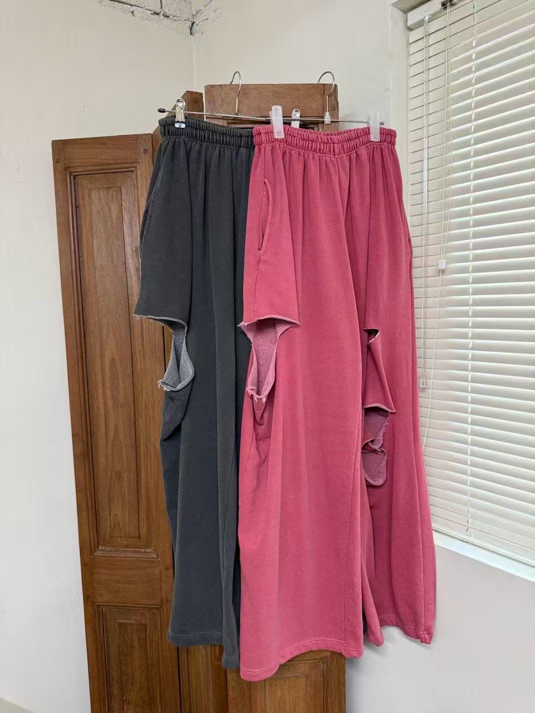 鬆緊腰破洞嘻哈休閒褲