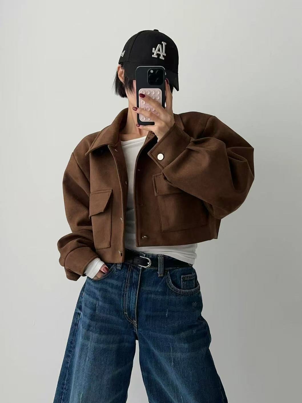 百搭翻領短版麂皮絨外套